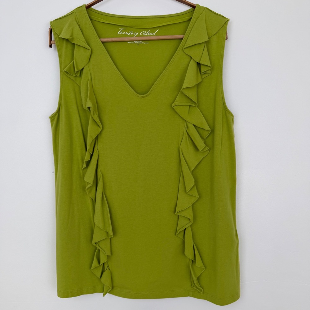 Territory Ahead Womens Lime Green Ruffle V-Neck Sleeveless Top Large 346564